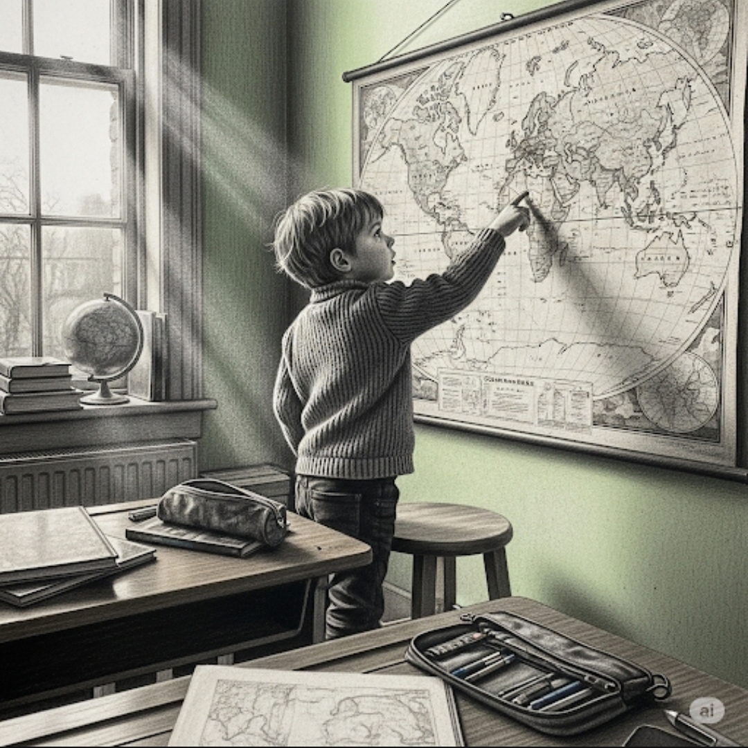 Image d'un enfant qui regarde une carte du monde